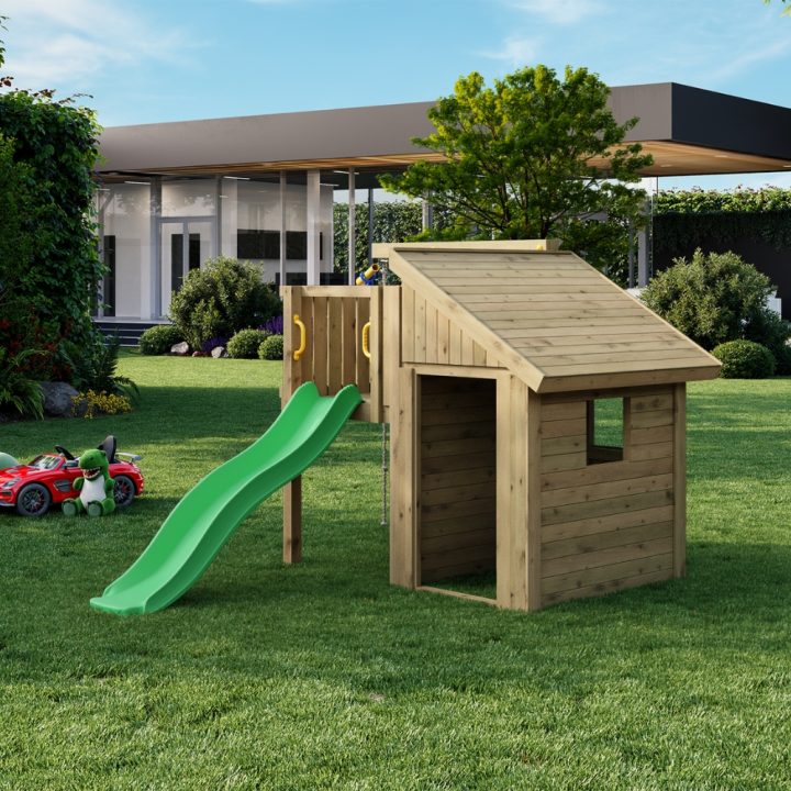 Maisonnette en bois pour enfants Fungoo Tibalu – Jeu de jardin avec toboggan et escalade