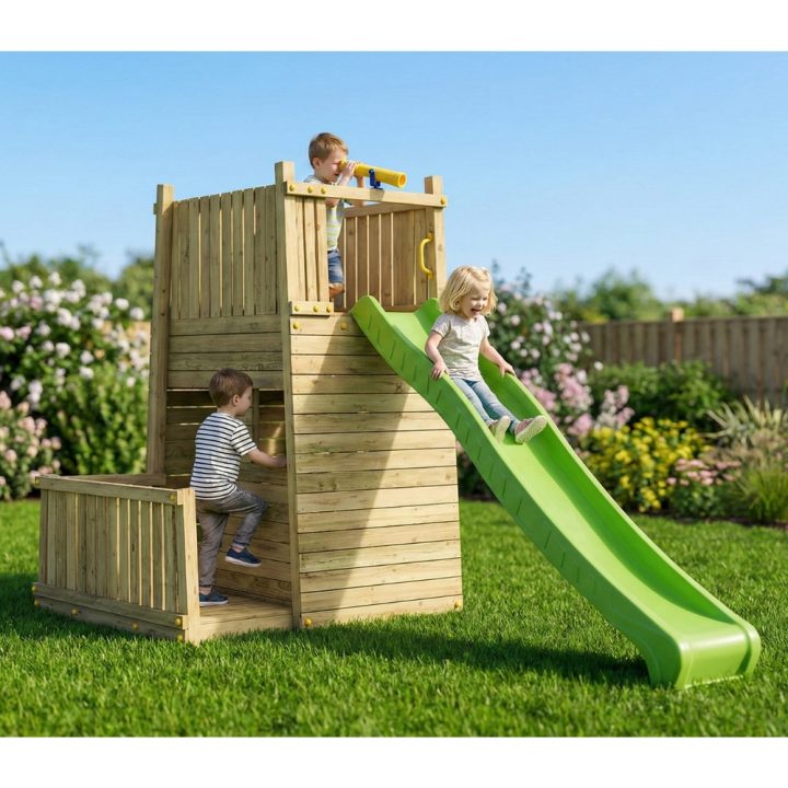 Aire de jeux en bois Fungoo Resort – Forteresse avec toboggan et escalade