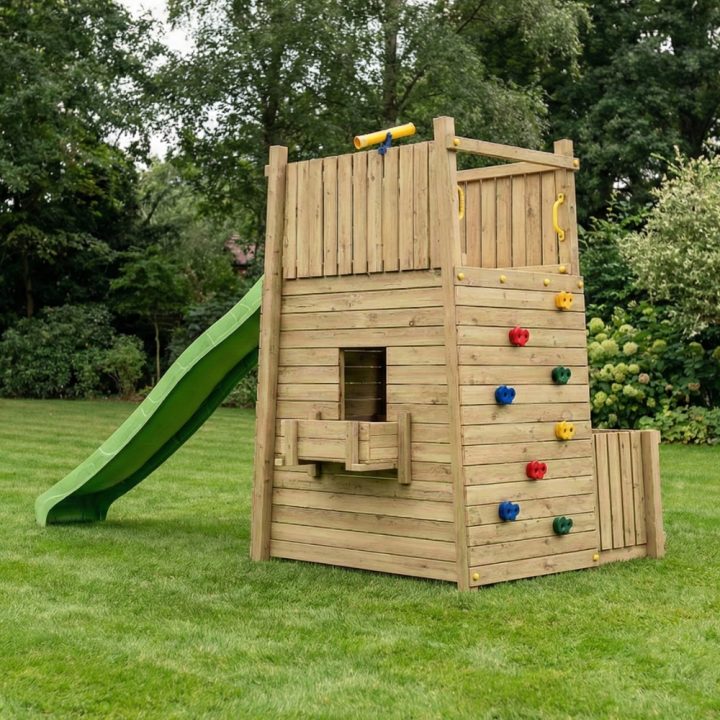 Aire de jeux en bois Fungoo Resort – Forteresse avec toboggan et escalade