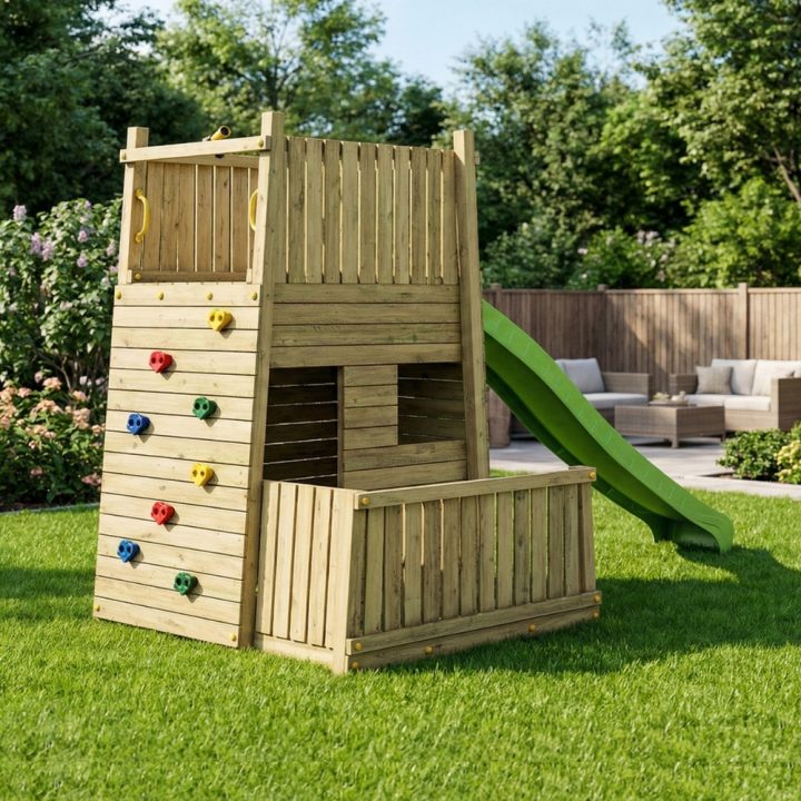 Aire de jeux en bois Fungoo Resort – Forteresse avec toboggan et escalade