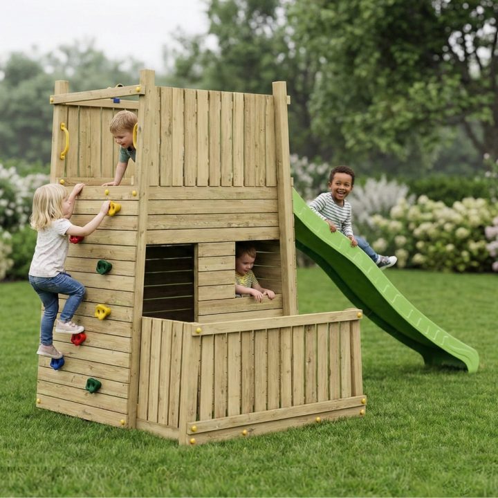 Aire de jeux en bois Fungoo Resort – Forteresse avec toboggan et escalade