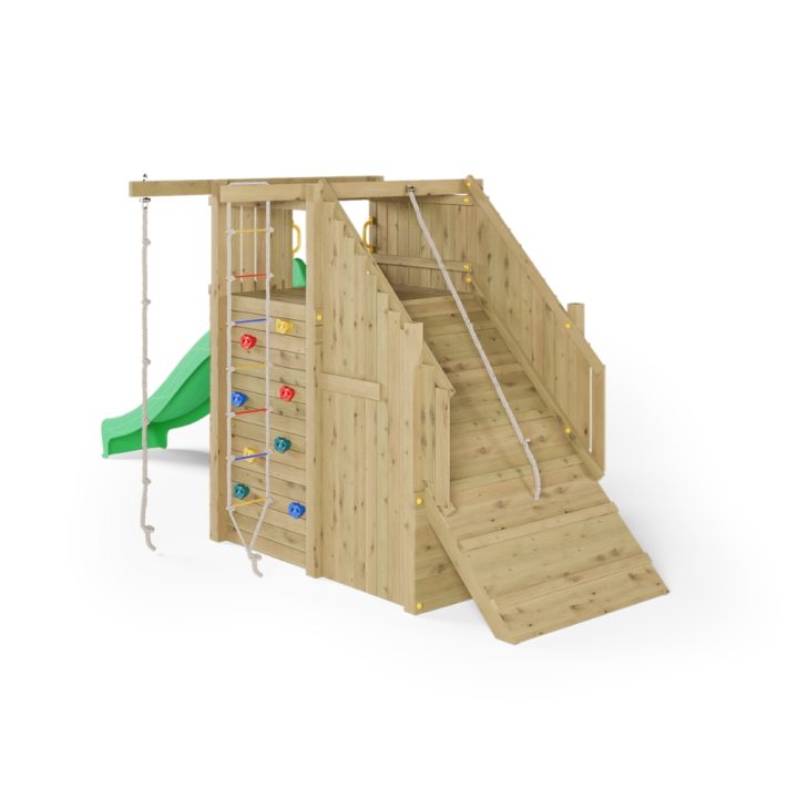 Aire de jeux en bois Fungoo Ramphouse – Tour avec rampe d'escalade, toboggan et espace refuge