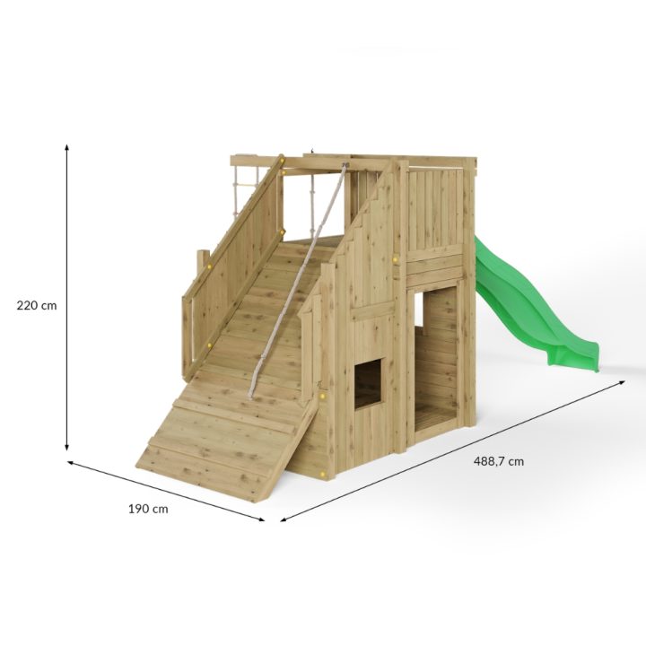 Aire de jeux en bois Fungoo Ramphouse – Tour avec rampe d'escalade, toboggan et espace refuge