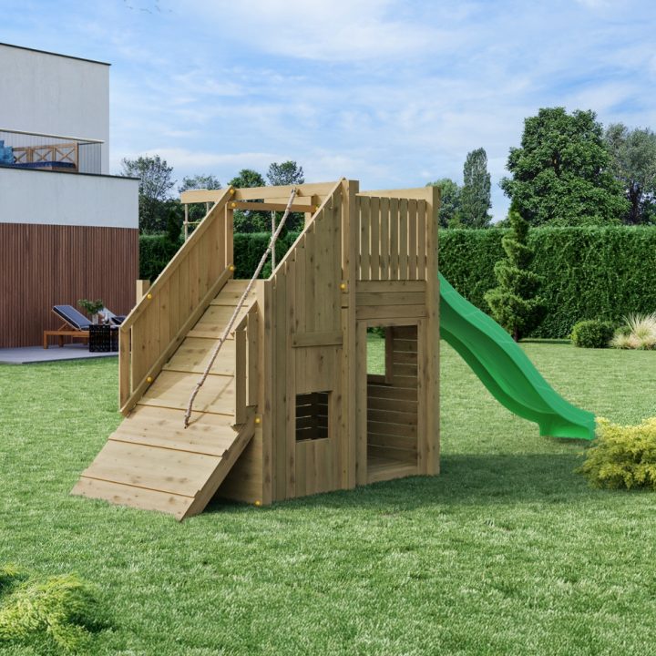 Aire de jeux en bois Fungoo Ramphouse – Tour avec rampe d'escalade, toboggan et espace refuge