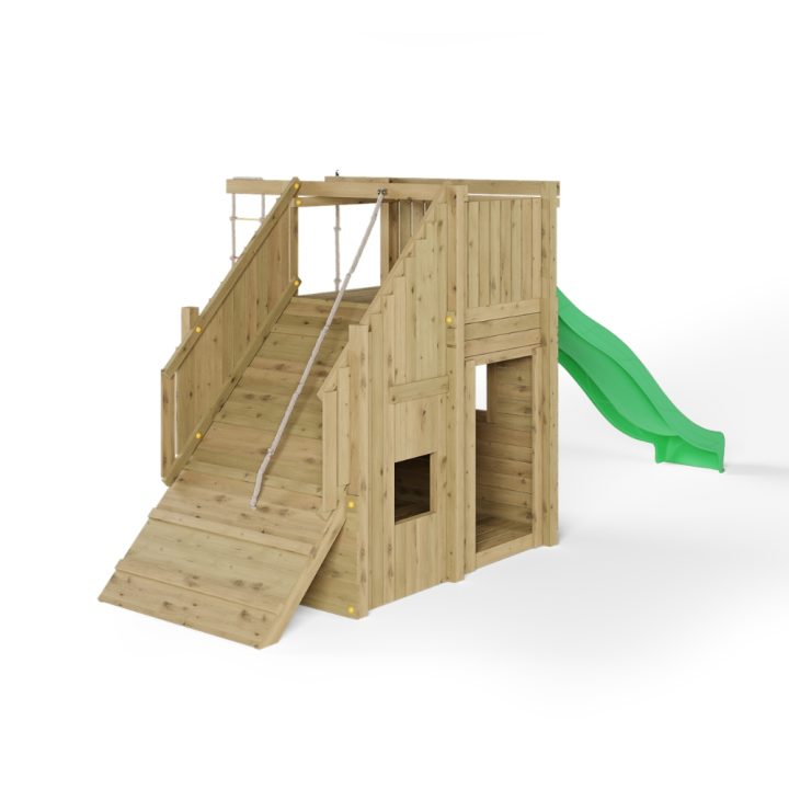 Aire de jeux en bois Fungoo Ramphouse – Tour avec rampe d'escalade, toboggan et espace refuge