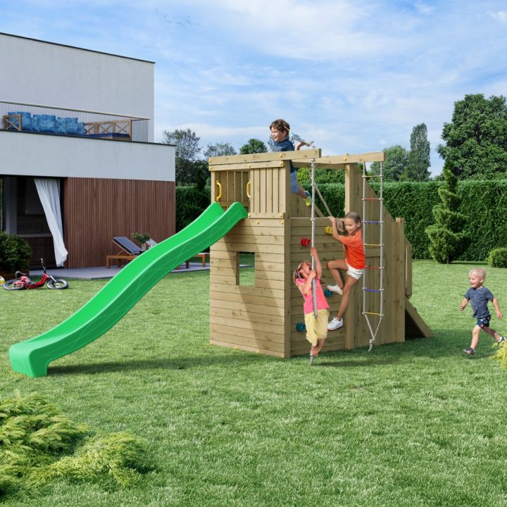 Aire de jeux en bois Fungoo Ramphouse – Tour avec rampe d'escalade, toboggan et espace refuge