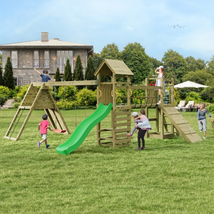 Jeu de jardin en bois Fungoo Funny Carnival – Maisonnette, toboggan, pont et balançoire double