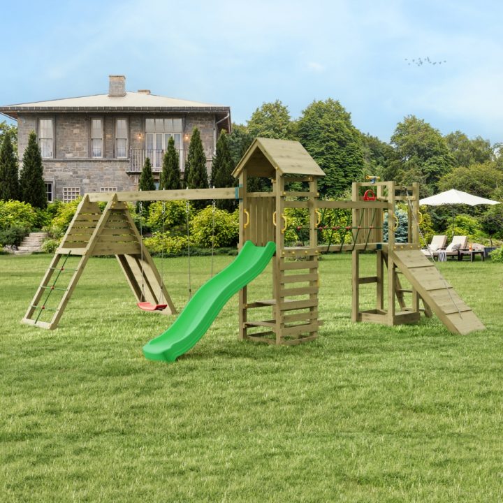 Jeu de jardin en bois Fungoo Funny Carnival – Maisonnette, toboggan, pont et balançoire double