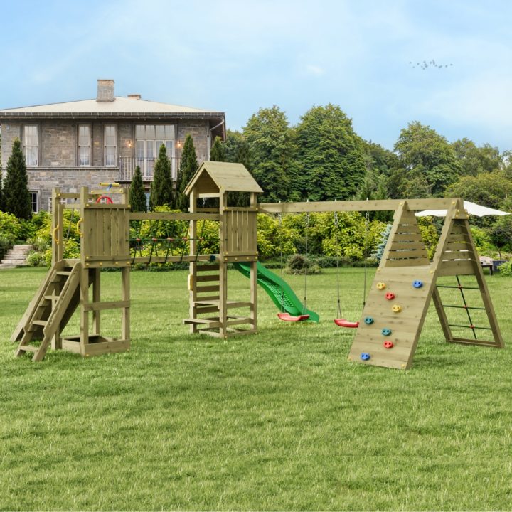 Jeu de jardin en bois Fungoo Funny Carnival – Maisonnette, toboggan, pont et balançoire double