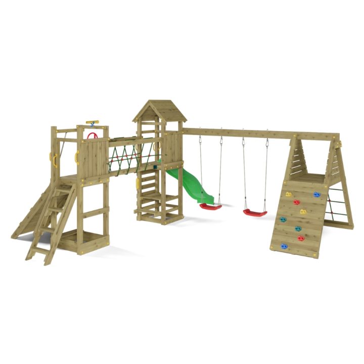 Jeu de jardin en bois Fungoo Funny Carnival – Maisonnette, toboggan, pont et balançoire double