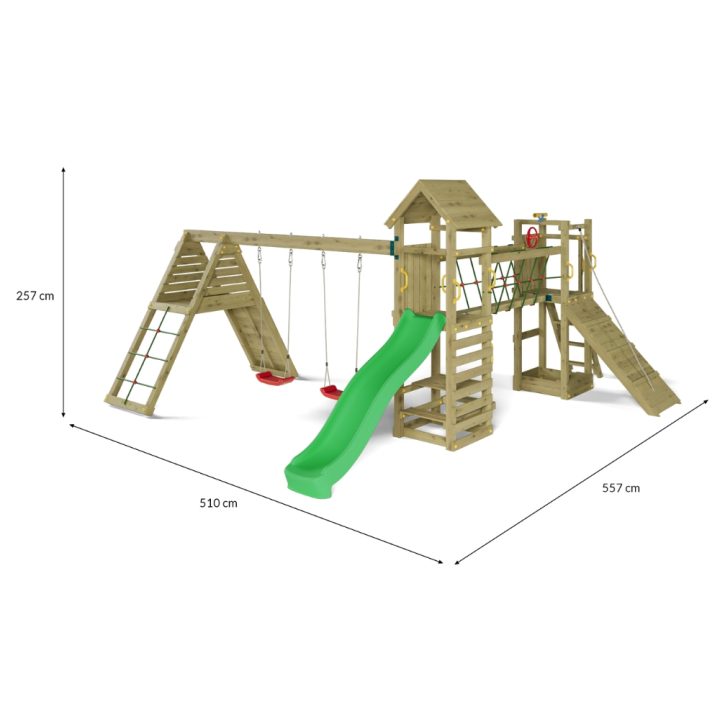 Jeu de jardin en bois Fungoo Funny Carnival – Maisonnette, toboggan, pont et balançoire double