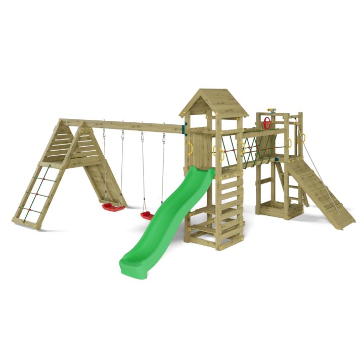 Jeu de jardin en bois Fungoo Funny Carnival – Maisonnette, toboggan, pont et balançoire double