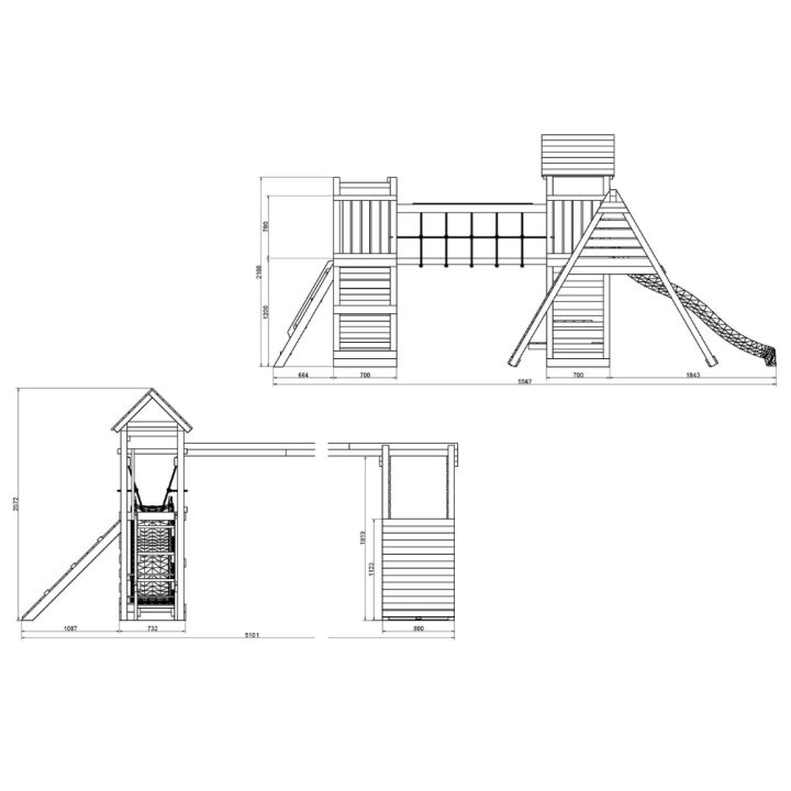 Jeu de jardin en bois Fungoo Funny Carnival – Maisonnette, toboggan, pont et balançoire double