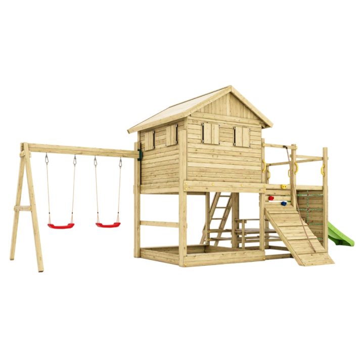 Maisonnette de jeux en bois Fungoo Aloha avec toboggan, balançoire double, bac à sable, table de pique-nique et escalade