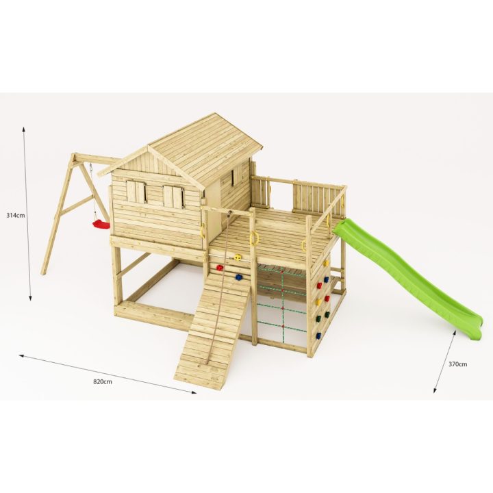 Maisonnette de jeux en bois Fungoo Aloha avec toboggan, balançoire double, bac à sable, table de pique-nique et escalade