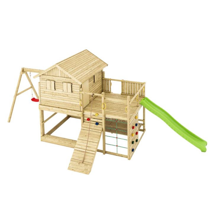 Maisonnette de jeux en bois Fungoo Aloha avec toboggan, balançoire double, bac à sable, table de pique-nique et escalade