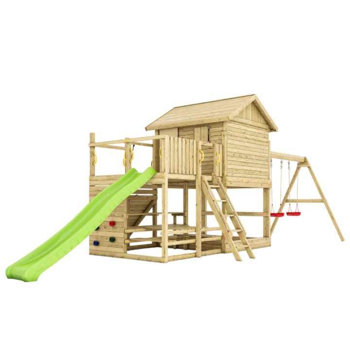 Maisonnette de jeux en bois Fungoo Aloha avec toboggan, balançoire double, bac à sable, table de pique-nique et escalade