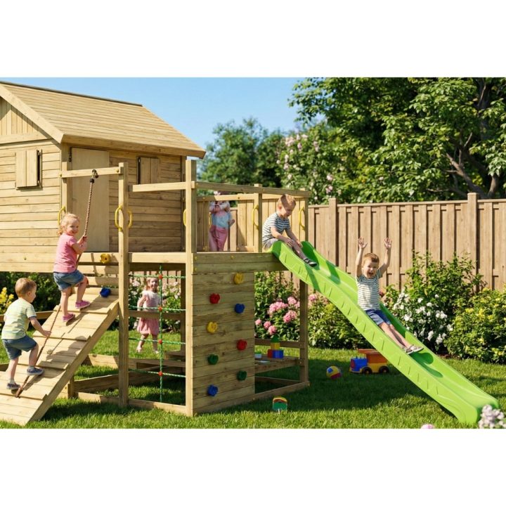Maisonnette de jeux en bois Fungoo Aloha avec toboggan, balançoire double, bac à sable, table de pique-nique et escalade