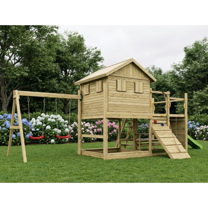 Maisonnette de jeux en bois Fungoo Aloha avec toboggan, balançoire double, bac à sable, table de pique-nique et escalade