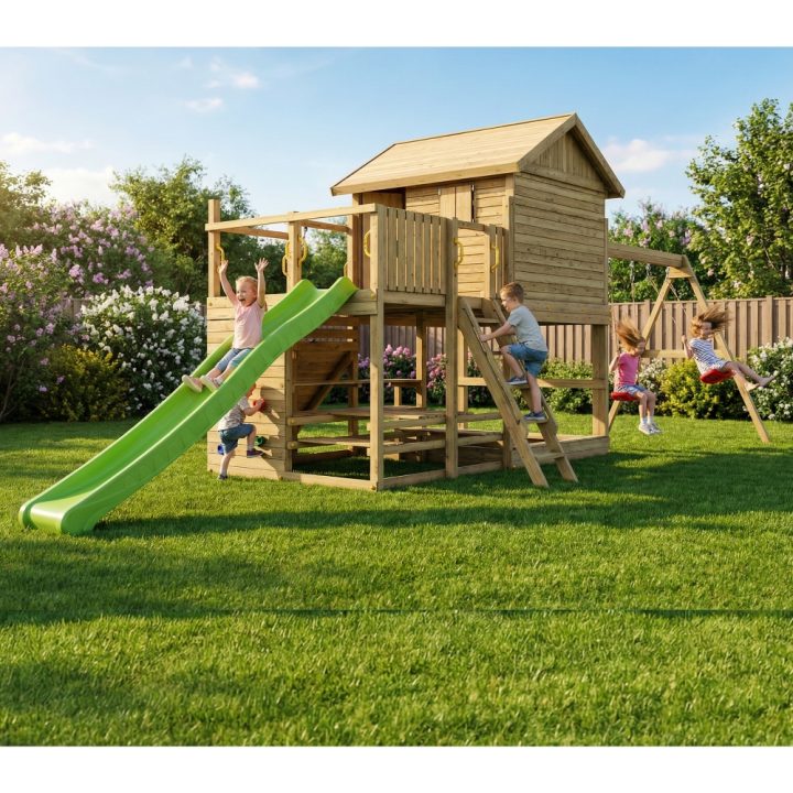 Maisonnette de jeux en bois Fungoo Aloha avec toboggan, balançoire double, bac à sable, table de pique-nique et escalade