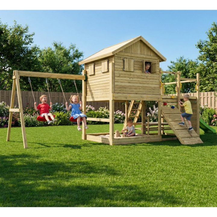 Maisonnette de jeux en bois Fungoo Aloha avec toboggan, balançoire double, bac à sable, table de pique-nique et escalade