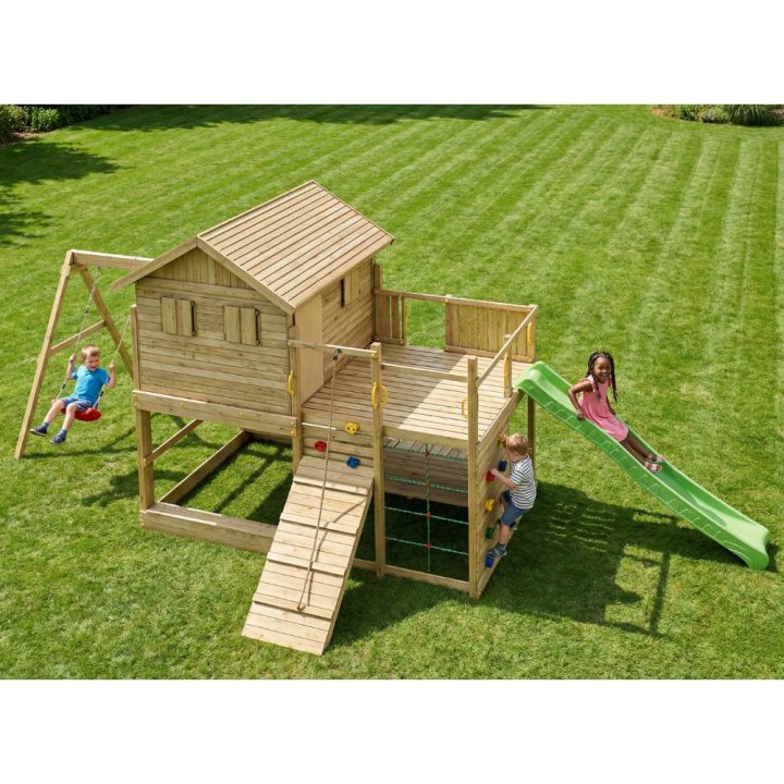 Maisonnette de jeux en bois Fungoo Aloha avec toboggan, balançoire double, bac à sable, table de pique-nique et escalade