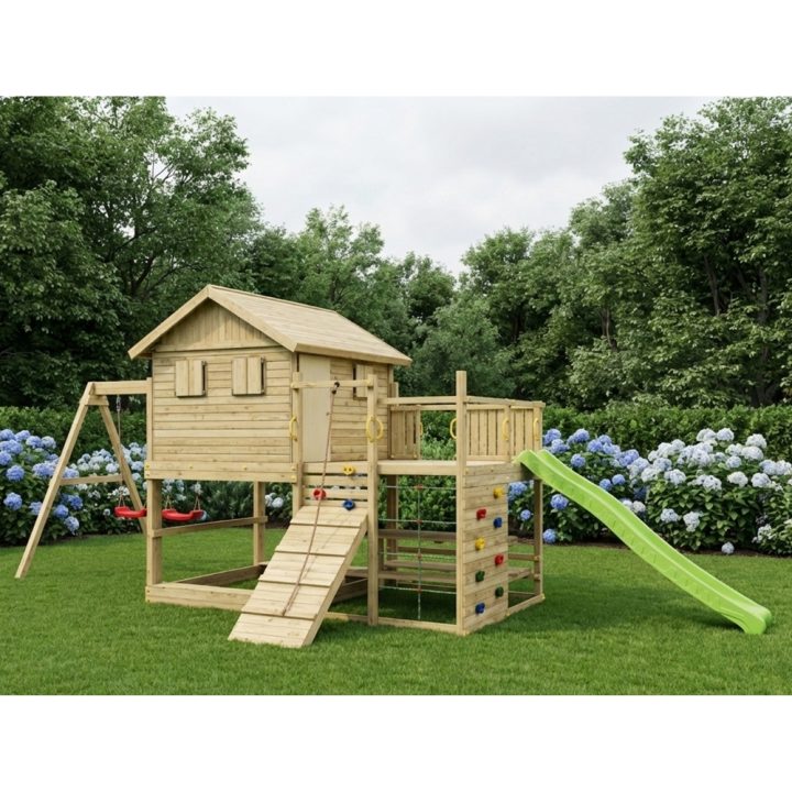 Maisonnette de jeux en bois Fungoo Aloha avec toboggan, balançoire double, bac à sable, table de pique-nique et escalade