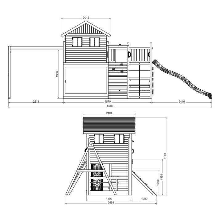 Maisonnette de jeux en bois Fungoo Aloha avec toboggan, balançoire double, bac à sable, table de pique-nique et escalade