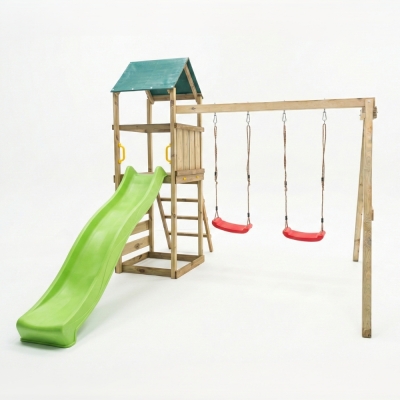 Aire de jeux en bois Maxplay 2.1 avec toboggan vert, double balançoire et mur d’escalade pour jardin