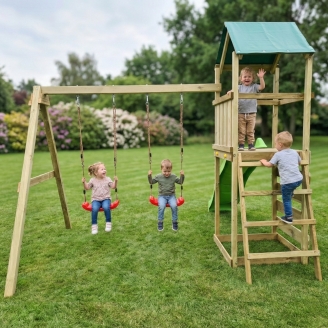 Aire de jeux en bois Maxplay 2.1 avec toboggan vert, double balançoire et mur d’escalade pour jardin