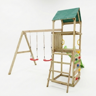 Aire de jeux en bois Maxplay 2.1 avec toboggan vert, double balançoire et mur d’escalade pour jardin