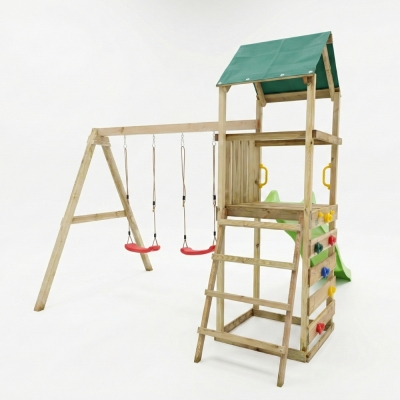 Aire de jeux en bois Maxplay 2.1 avec toboggan vert, double balançoire et mur d’escalade pour jardin