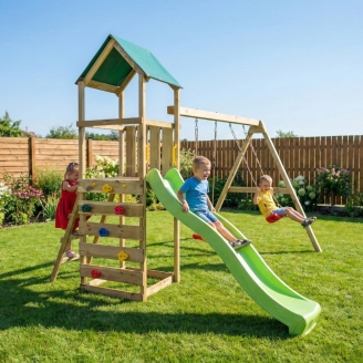 Aire de jeux en bois Maxplay 2.1 avec toboggan vert, double balançoire et mur d’escalade pour jardin
