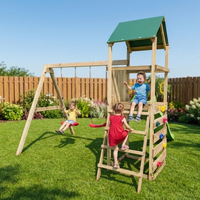 Aire de jeux en bois Maxplay 2.1 avec toboggan vert, double balançoire et mur d’escalade pour jardin