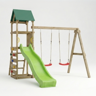 Aire de jeux en bois Maxplay 2.1 avec toboggan vert, double balançoire et mur d’escalade pour jardin