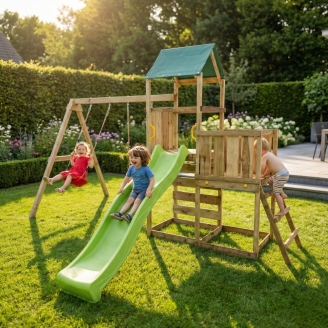 Parc de jeux en bois Maxplay 3.1 – Tour, Toboggan Vert, Double Balançoire et Bac à Sable