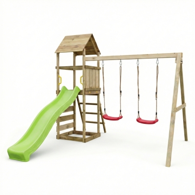 Parc de jeux en bois Maxplay 2.2 – Toboggan Vert, Double Balançoire et Tour