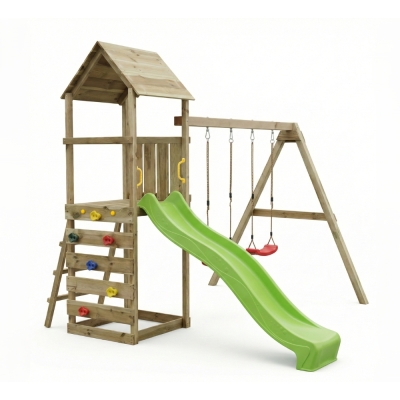 Parc de jeux en bois Maxplay 2.2 – Toboggan Vert, Double Balançoire et Tour