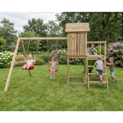 Maisonnette surélevée Maxplay 5 – Toboggan Vert, Double Balançoire et Mur d’Escalade