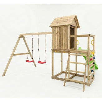 Maisonnette surélevée Maxplay 5 – Toboggan Vert, Double Balançoire et Mur d’Escalade