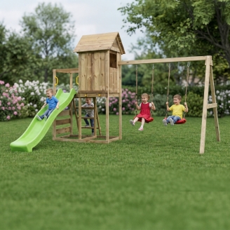 Maisonnette surélevée Maxplay 5 – Toboggan Vert, Double Balançoire et Mur d’Escalade