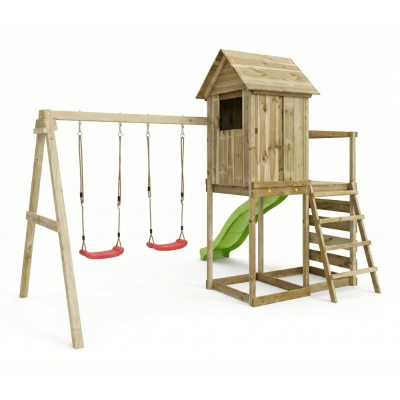Maisonnette surélevée Maxplay 5 – Toboggan Vert, Double Balançoire et Mur d’Escalade