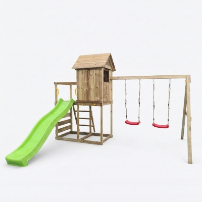 Maisonnette surélevée Maxplay 5 – Toboggan Vert, Double Balançoire et Mur d’Escalade