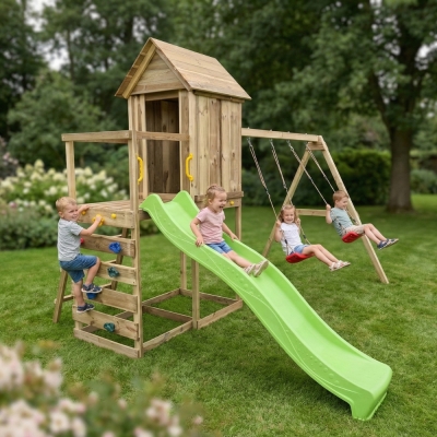 Maisonnette surélevée Maxplay 5 – Toboggan Vert, Double Balançoire et Mur d’Escalade