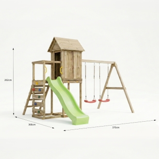 Maisonnette surélevée Maxplay 5 – Toboggan Vert, Double Balançoire et Mur d’Escalade