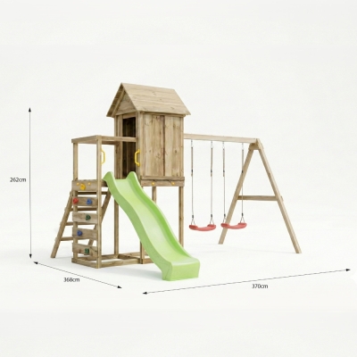 Maisonnette surélevée Maxplay 5 – Toboggan Vert, Double Balançoire et Mur d’Escalade