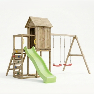 Maisonnette surélevée Maxplay 5 – Toboggan Vert, Double Balançoire et Mur d’Escalade