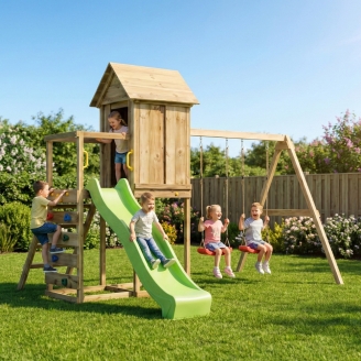 Maisonnette surélevée Maxplay 5 – Toboggan Vert, Double Balançoire et Mur d’Escalade
