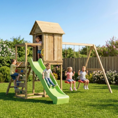 Maisonnette surélevée Maxplay 5 – Toboggan Vert, Double Balançoire et Mur d’Escalade