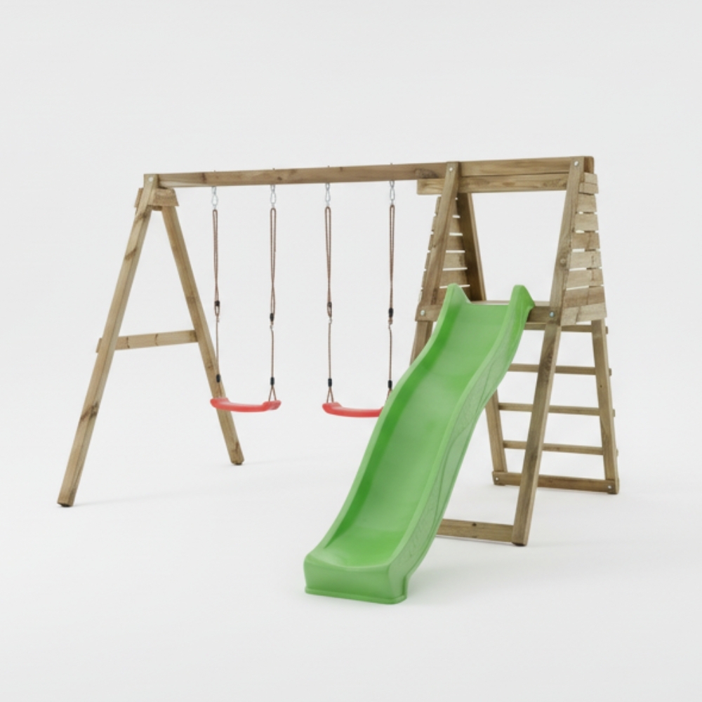 Aire de jeux en bois Maxplay Gym – Toboggan et Double Balançoire pour jardin